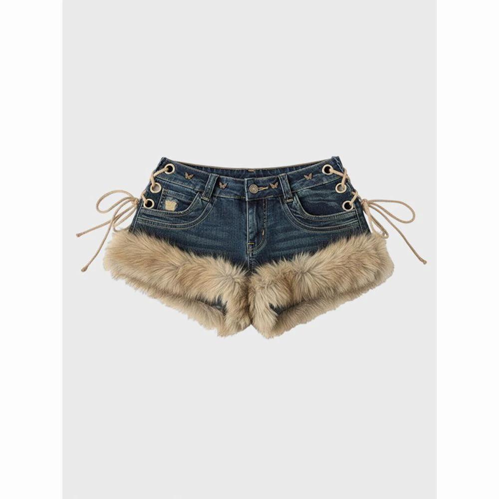 Womens Stylish Furry Patchwork Micro Shorts by GJG Denim