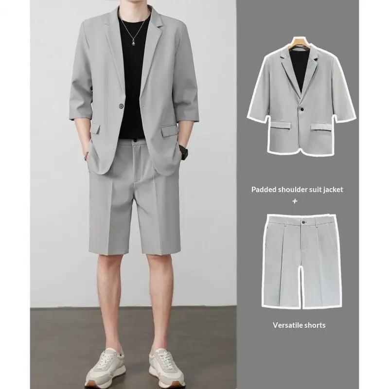 Thin Short-Sleeve Suit Mens Casual Cropped-Sleeve Jacket Half-Sleeve Suit Set by GJG Denim
