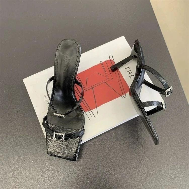 2025 Summer Women's Black Square Toe Thin Heel Open Toe Sandals Casual Versatile High Heels by GJG Denim