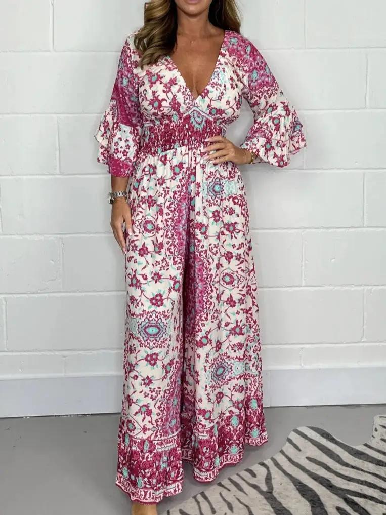 V-neck Printed Jumpsuit Plus Size Casual Jumpsuit by GJG Denim