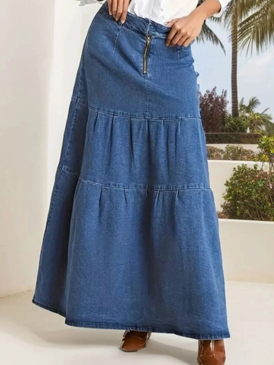 Tiered Maxi Denim Skirt with Zipper Detail by Lady Ros