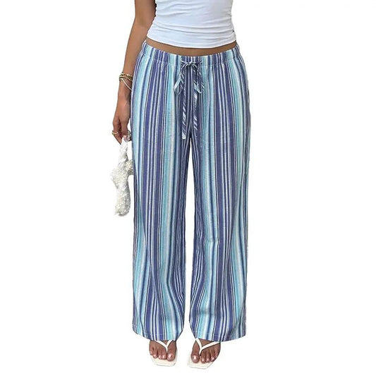 Draped Blue And White Striped Wide-leg Pants With An Elastic Waistband by GJG Denim