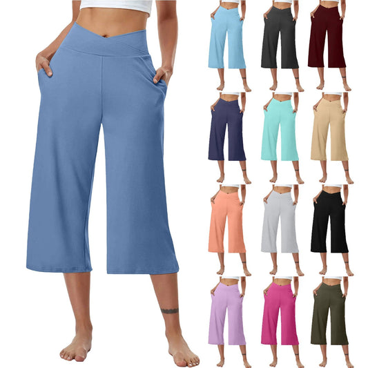 High-Waist Butt-Lifting V-Shaped Waist Wide-Leg Fitness Running Cropped Pants by GJG Denim