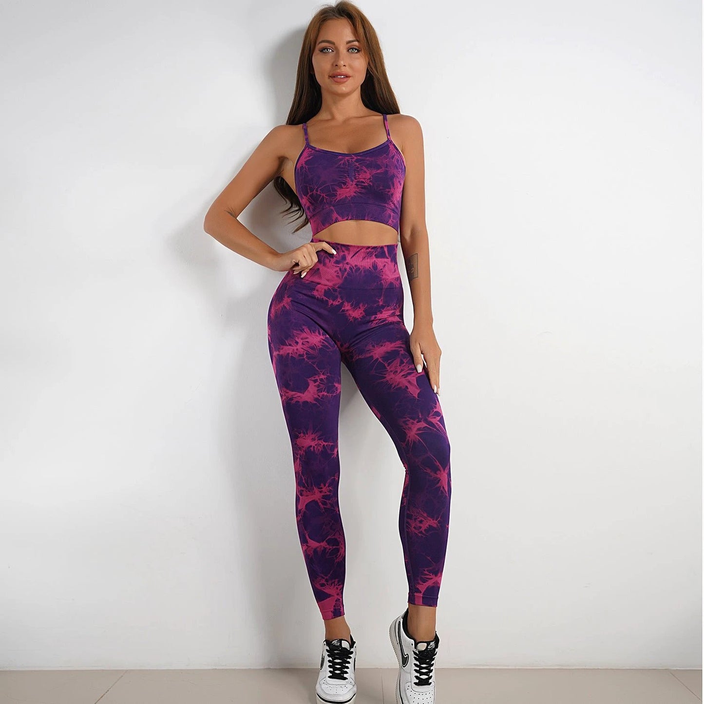 Women's Tie-dye Print Yoga Suit Women Fitness Sports High Waist Trousers Or Shorts Set by GJG Denim