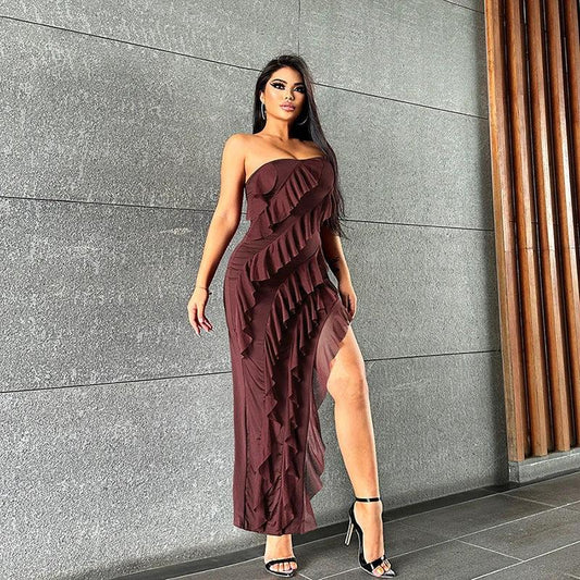 Summer Trend Skinny Women's Fashion Tube Top Backless Split Tassel Dress Birthday Party Clubwear by GJG Denim