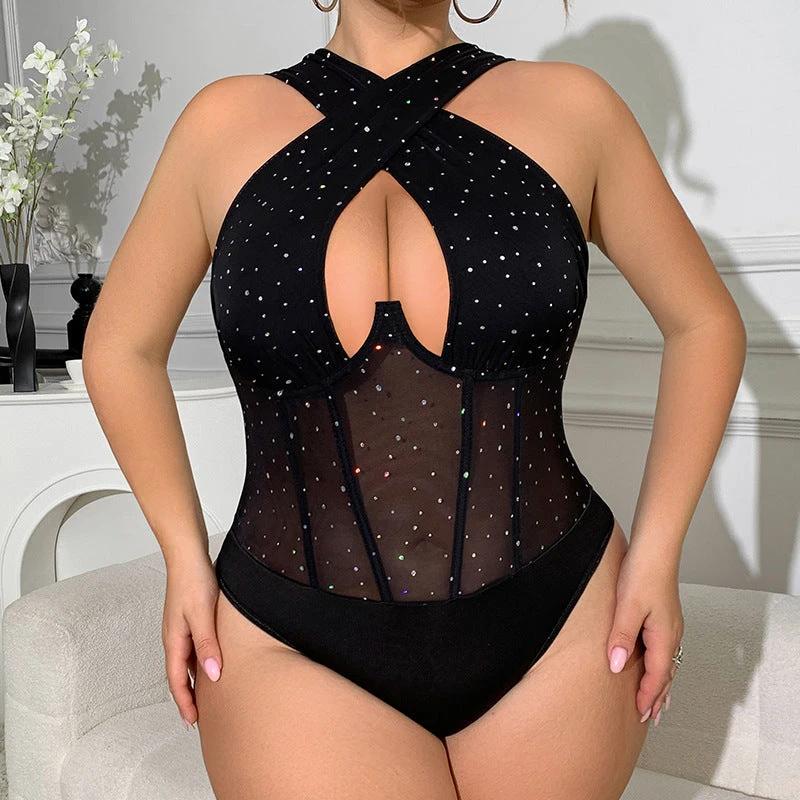 Free Plus Size European And American Fishnet Clothes One-piece by GJG Denim