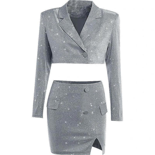 V-neck Long Sleeve Shiny Top Skirt Two-piece Suit by GJG Denim