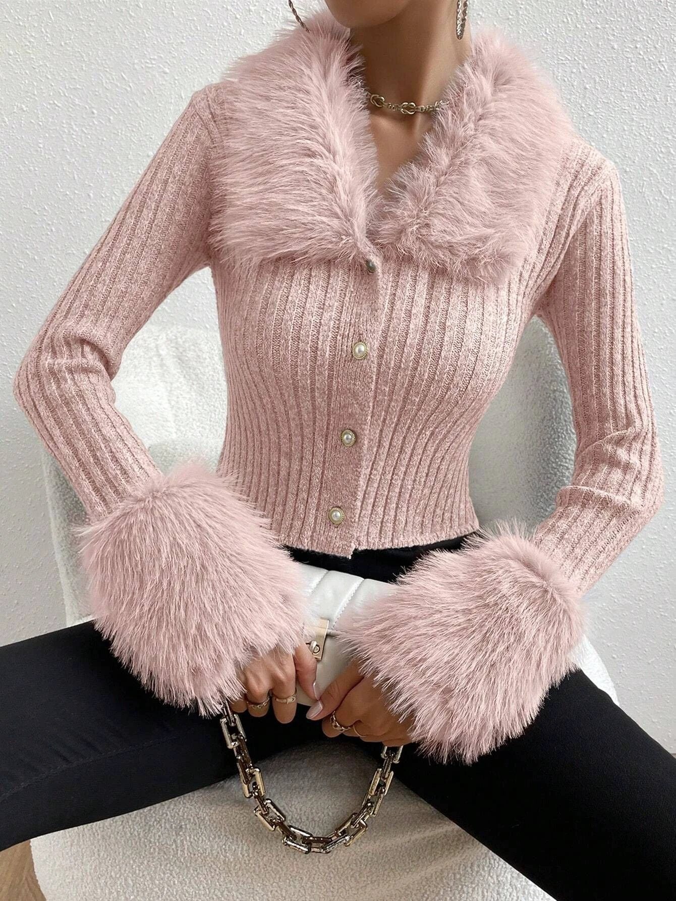 New V-neck Knitted Cardigan With A Slim Fit And A Fur-trimmed Collar by GJG Denim