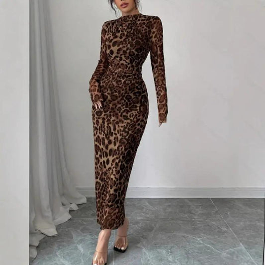 European And American Leopard-Print Fashion Long-Sleeve Dress by GJG Denim