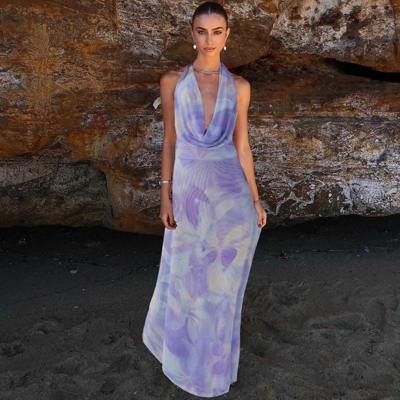 2pcs Tie Dye Printing Deep V-neck Suits Fashion Halter Backless Skirt For Beach Party Womens Clothing by GJG Denim