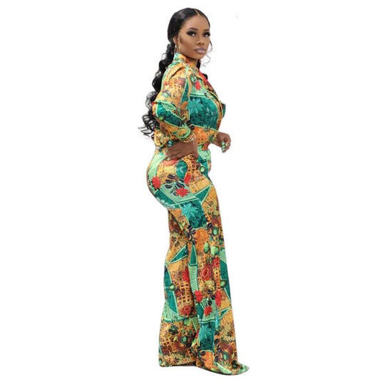 Casual Fashion Digital Printed V-neck Women's Two-piece Suit by GJG Denim