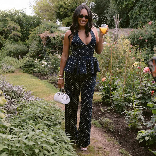 Polka-dot Print Elegant Halterneck Jumpsuit With Wide-leg Pants Set by GJG Denim