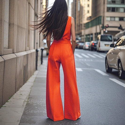 Women's Blouse Collar Solid Color Wide Leg Jumpsuit by GJG Denim