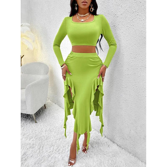 Women Summer 2 Piece Skirt Sets Long Sleeve Square Neck Crop Top Ruffle Trim Irregular Split Sexy Club Party Skirt Outfits by GJG Denim