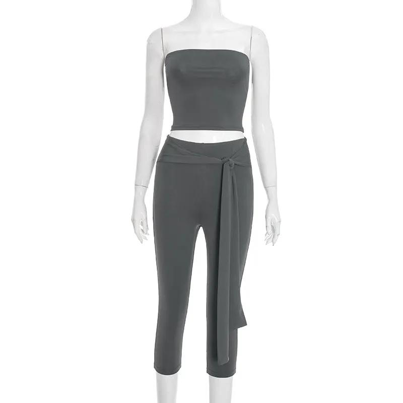 Womens Strapless Midriff-baring Top And High-waisted Cropped Pants Set by GJG Denim