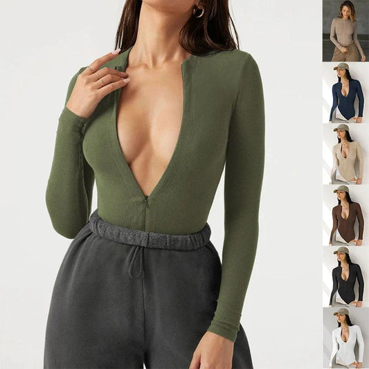 Long Sleeve Zipper Jumpsuit Fashion V-Neck Slim Fit Knitted Corset Body Shaper Clothing For Dress Sports Yoga Romper by GJG Denim