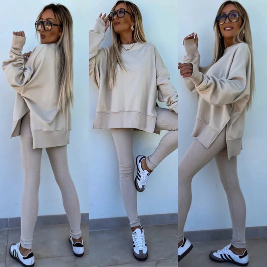 Sweater Suit Women's Casual Loose Long Sleeve Crew Neck Split Top Tight Trousers by GJG Denim