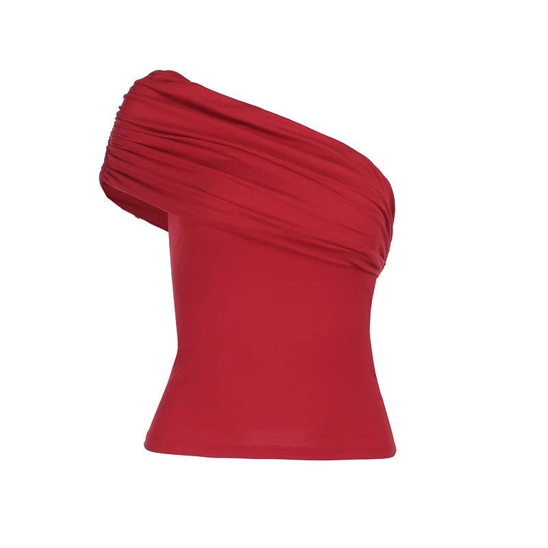 Cloud Sense Oblique Shoulder Fitted Waist Pleated T-shirt by GJG Denim