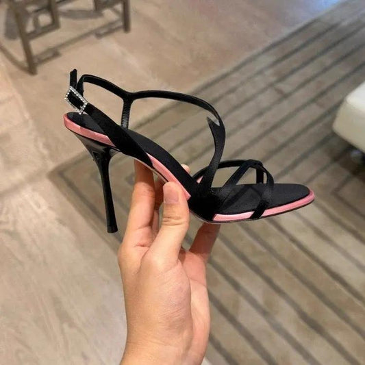 Chuyuji Black Stiletto High Heels 2026 New Summer Open Toe One Strap Satin Color Block Elegant Dating Sandals by GJG Denim