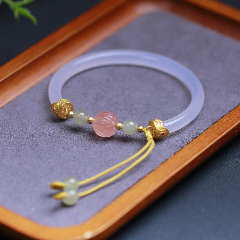 Natural White Agate Half Bracelet With South Red Lotus Beads Accessories S925 Silver by GJG Denim