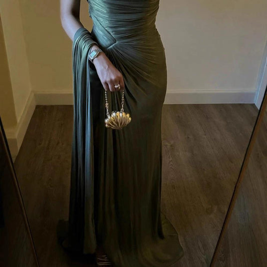 Pleated Ribbon Shiny Evening Dress by GJG Denim