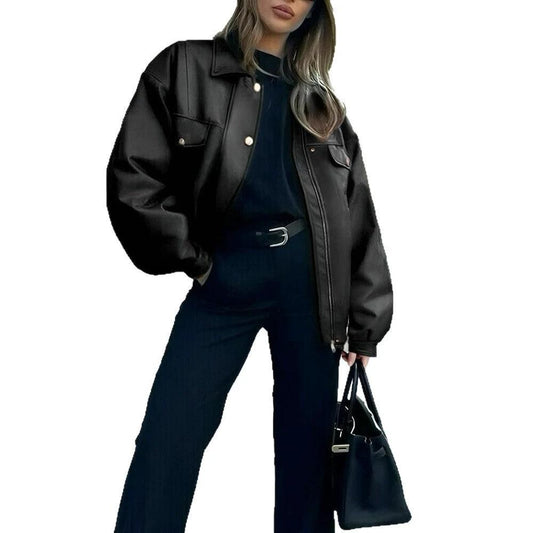 Women's Leather Jacket Loose Long Sleeve Lapel Motorcycle Jacket by GJG Denim
