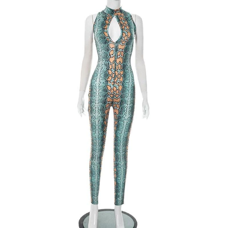 Sexy Printed Semi-high Neck Hollow-out Tight Zipper Jumpsuit Pants by GJG Denim