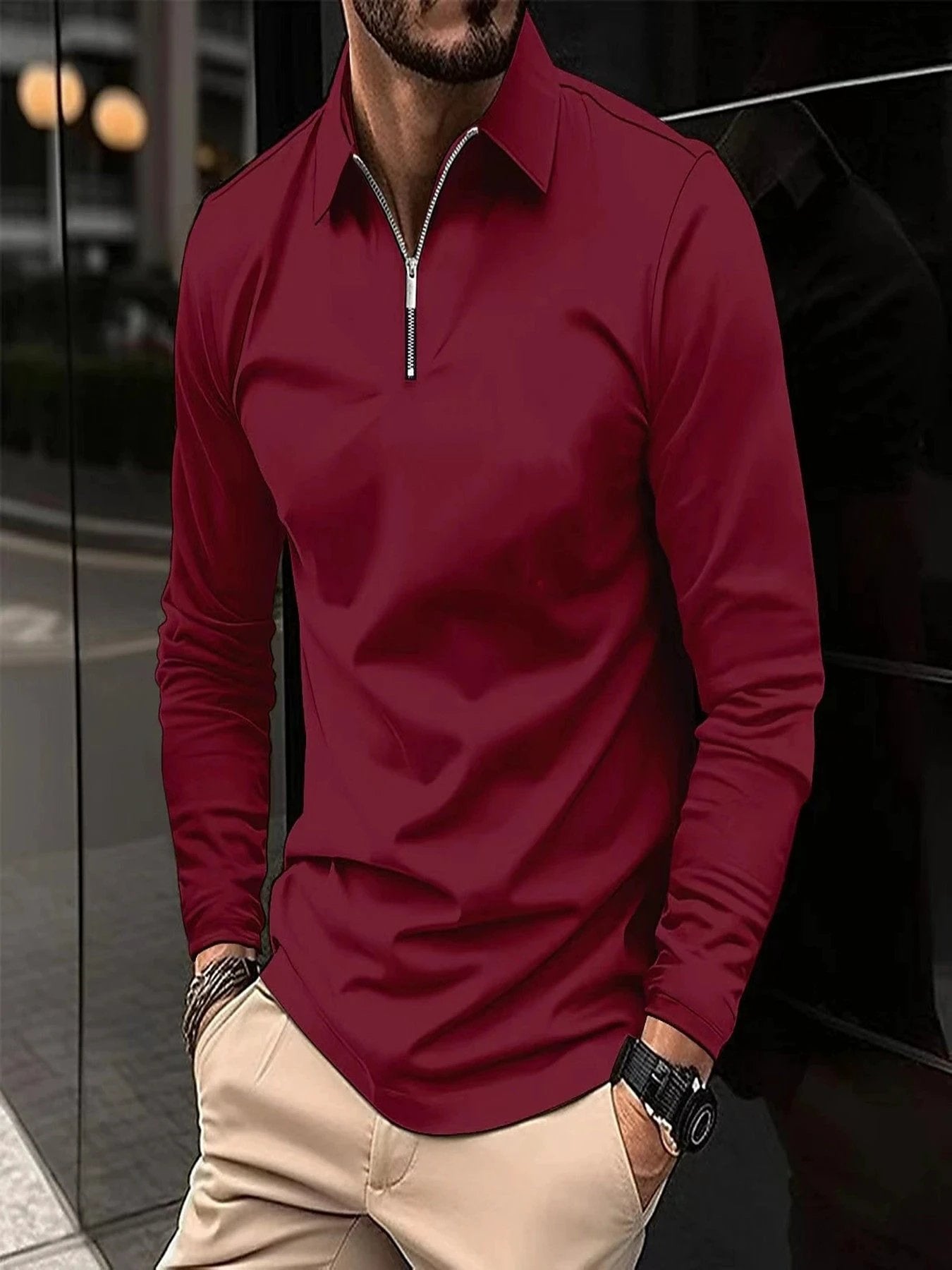 Zipper Men's Solid Color Long Sleeve Sports Polo Shirt by GJG Denim
