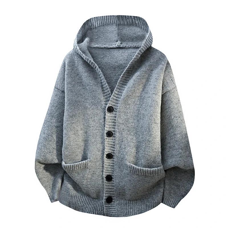 Men's Relaxed Loose-fitting Hooded Cardigan Knit Sweater by GJG Denim