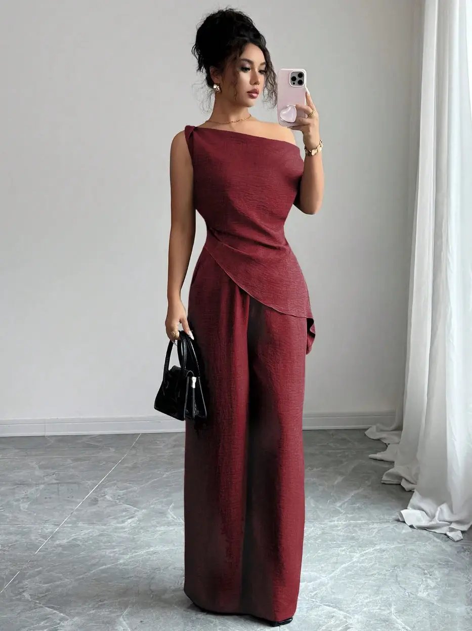 Solid-color Wide-leg Pants Suit For Women by GJG Denim