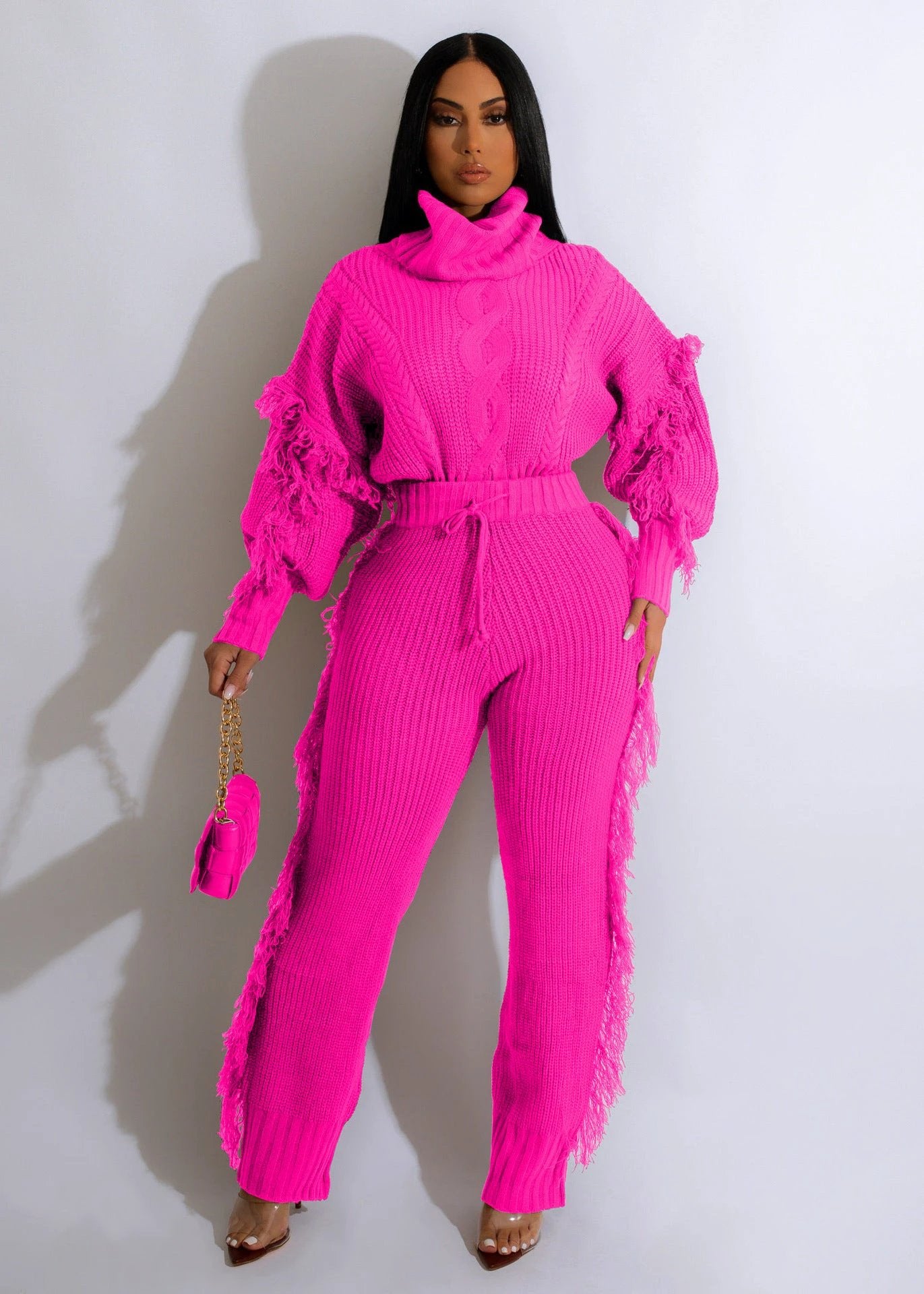 Casual Solid Color Knitted Long Sleeve Turtleneck Tassel Suit by GJG Denim