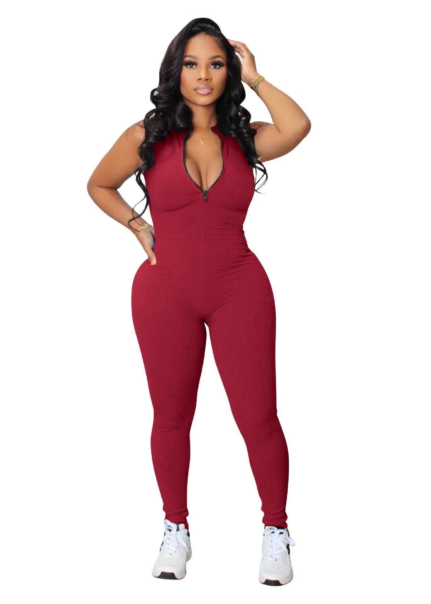 Women's Solid Color Stretch Small Sunken Stripe Zipper Jumpsuit by GJG Denim
