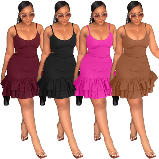 Casual Fashion Halter Low-cut Ruffle Package Hip Dress by GJG Denim