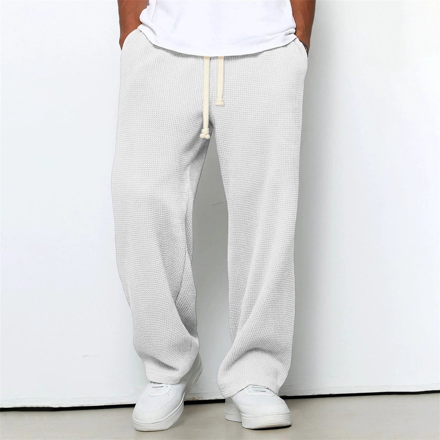 Men's Relaxed-fit Waffle-knit Wide-leg Leisure Pants by GJG Denim