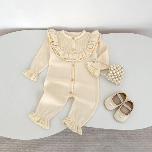 Baby Girl Round Neck Ruffled Stitching Long Climbing Fashionable Stylish Solid Color Jumpsuit by GJG Denim