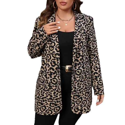 Leopard-print Slim-fit Fashion Plus Size Coat For Women by GJG Denim