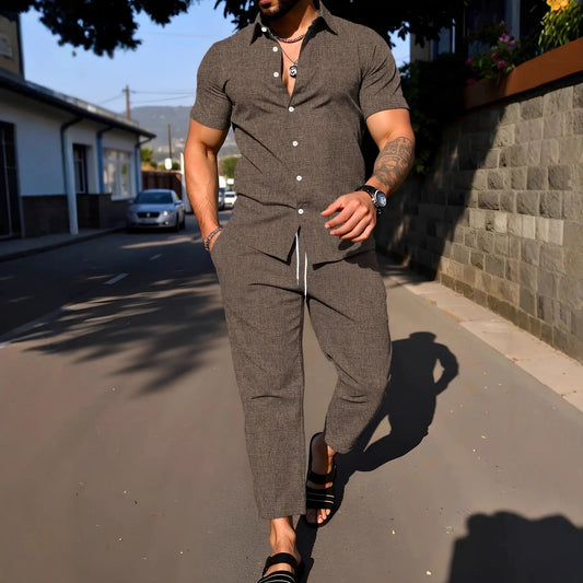 Short-sleeve Shirt And Trousers Casual Summer Set by GJG Denim