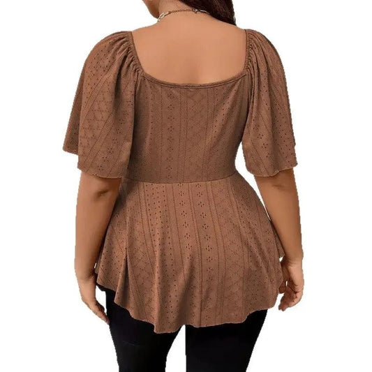 V-neck Drawstring-waist Sexy Short-sleeve Solid-color T-shirt by GJG Denim