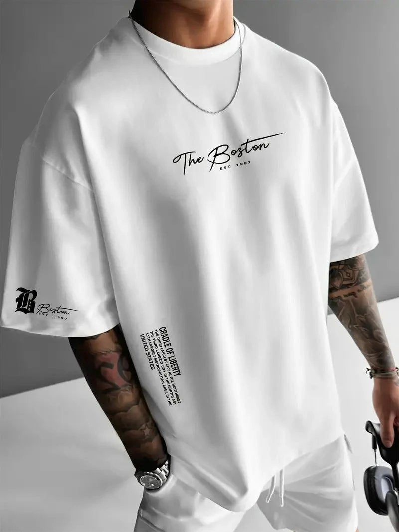 New Men's Round Neck Loose Casual Letter Short Sleeve by GJG Denim