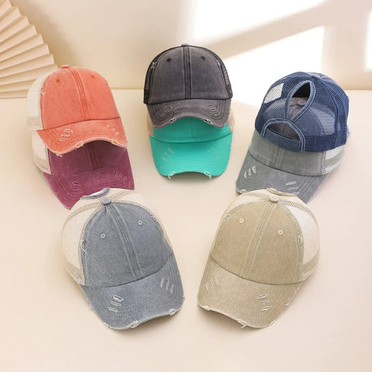 Solid-color, Frayed, Washed-out, Distressed, Mesh-patterned Cap - A Trendy, Youthful, Versatile Baseball Cap That Suits Both Daily Commuting And Outdoor Activities. by GJG Denim