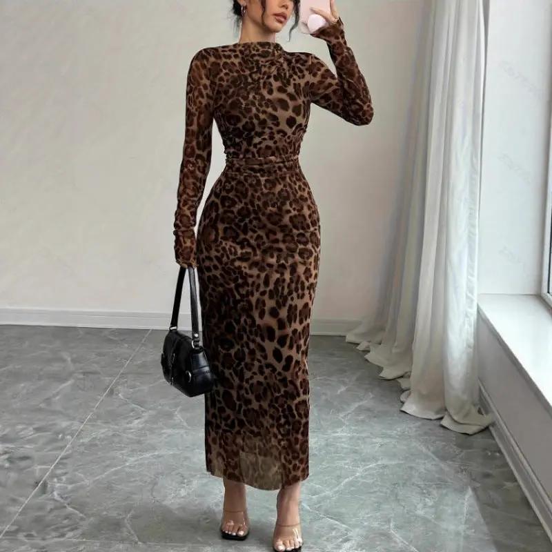 European And American Leopard-Print Fashion Long-Sleeve Dress by GJG Denim