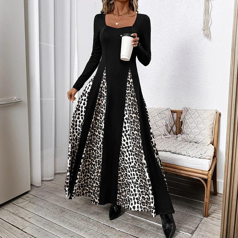 Elegant Retro Style Square Collar Long Sleeve Leopard Splicing Dress by GJG Denim