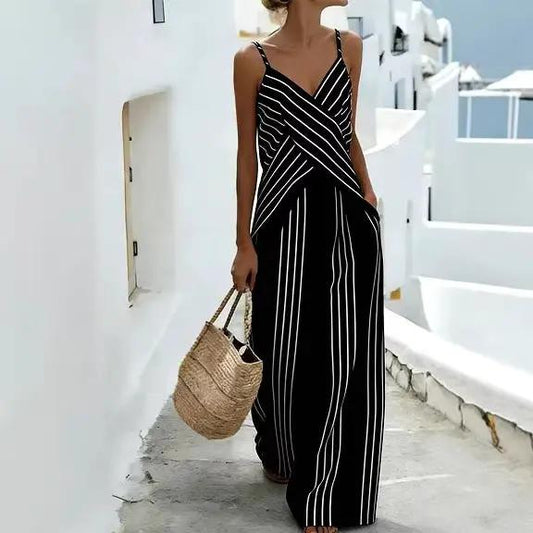 Striped Casual Womens V-Neck Sleeveless Set by GJG Denim