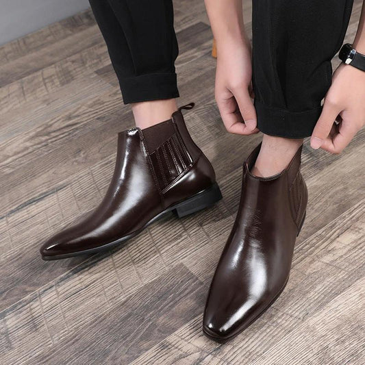 Men's Pointed Toe Chelsea-style Boots Square Heel Business Formal Leather Shoes by GJG Denim