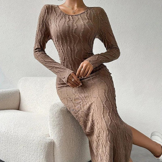Women's Crew Neck Long Sleeve Ribbed Dress Side Slit Knit Bodycon Midi Dress by GJG Denim