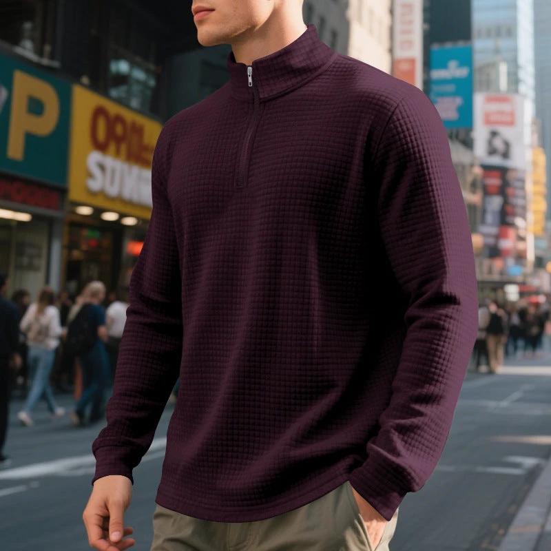 Men's Stand Collar Half Zip Small Plaid Sweater by GJG Denim