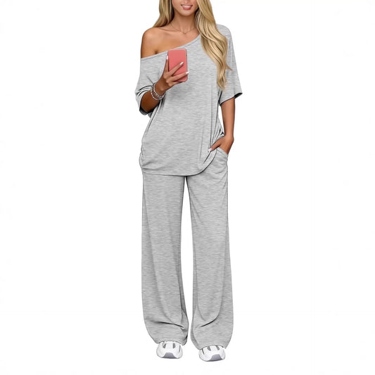 Off-shoulder Loose Casual Short-sleeve Top And Wide-leg Pants Two-piece Set by GJG Denim