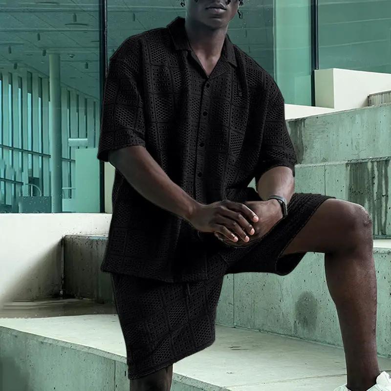 Mens Hollow-Out Lapel Button-Up Shirt And Loose Casual Shorts Set by GJG Denim