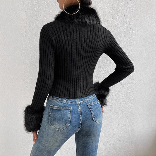 New V-neck Knitted Cardigan With A Slim Fit And A Fur-trimmed Collar by GJG Denim
