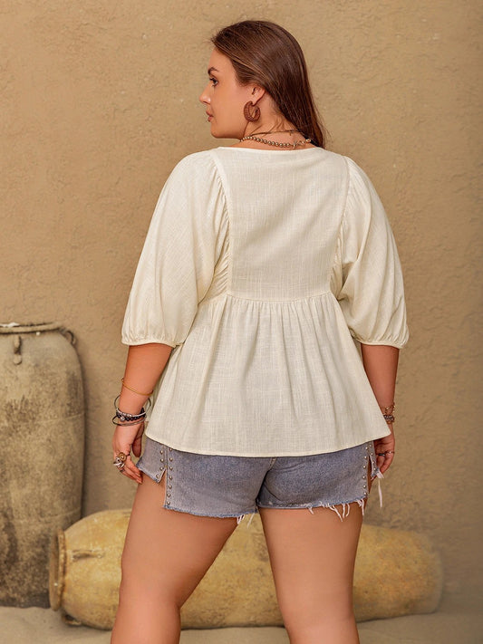 Plus Size Peplum V-Neck Half Sleeve Blouse by Lady Ros